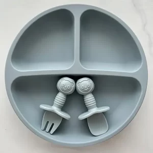 Juego de Plato de Silicon para Bebé, Cuchara y Tenedor.
